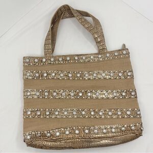 Annie Tan Woven Reptile Faux Leather Rhinestone Embellished Sparkle GlamTote Bag